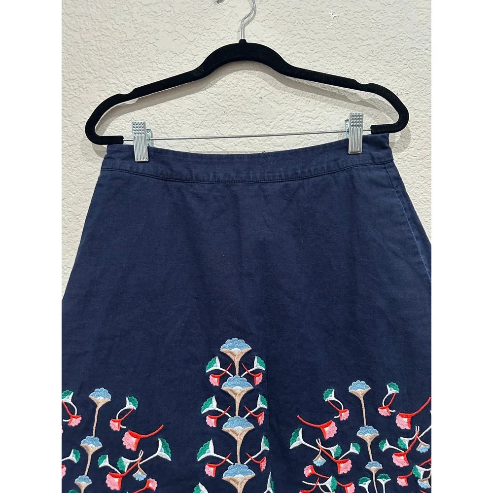 Boden Navy Blue Floral Embroidered Linen Cotton A-Line Skirt Petite 6P Boho